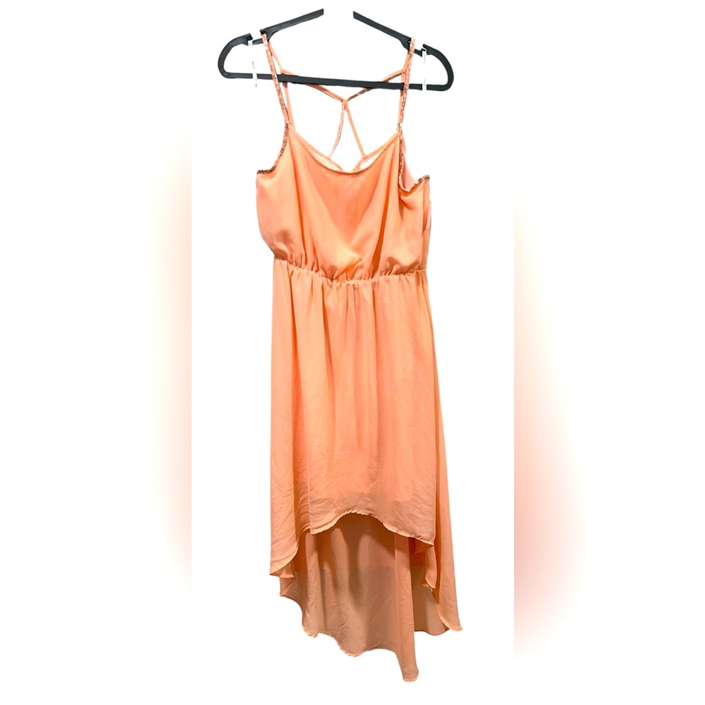 🤩 NEW LISTING! Papaya Women’s Juniors Dress Peach Assymetrical Hem Strappy Sz M